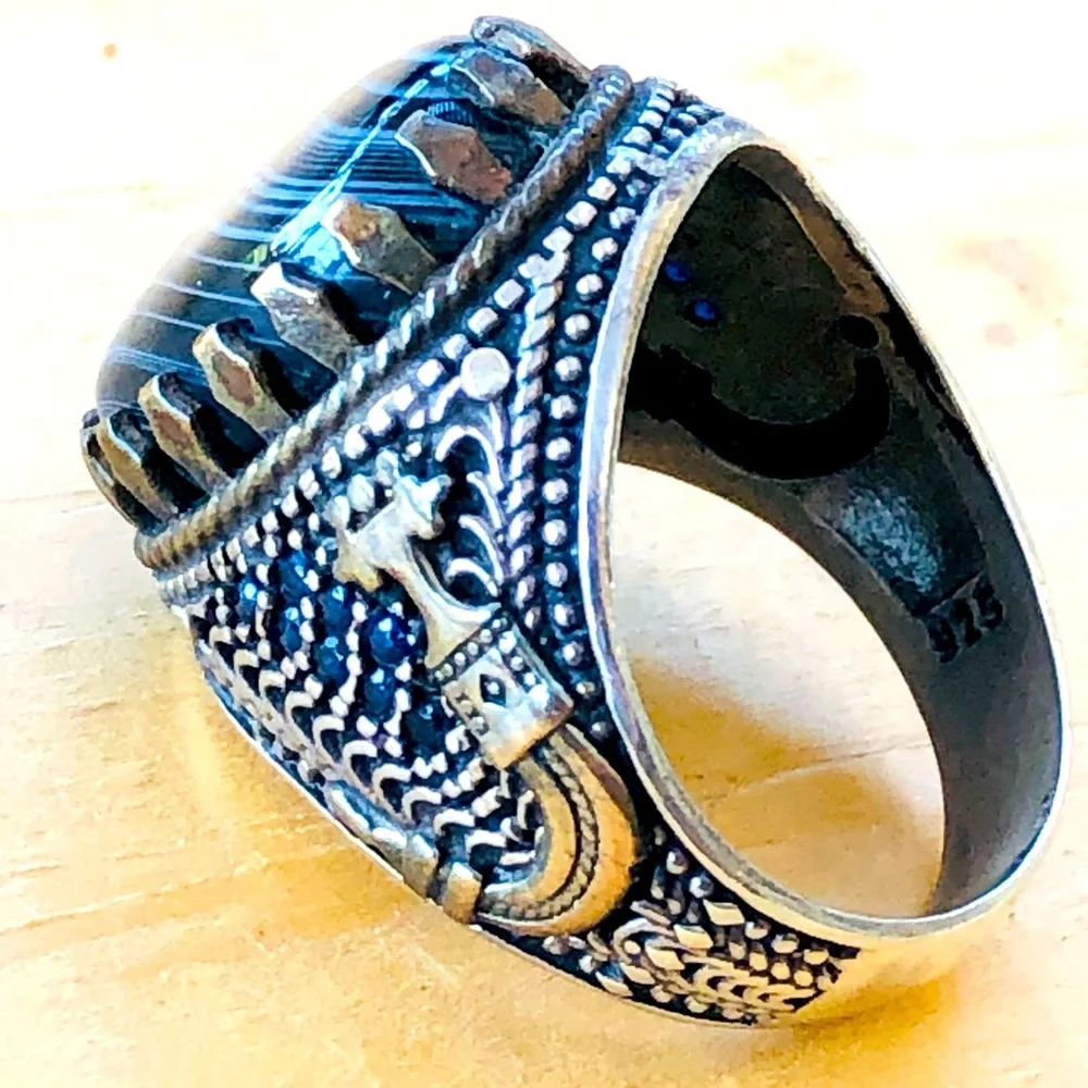 Men’s Sterling Striped Agate Ring Made In Turkey Blue Stones Size 10 Handmade